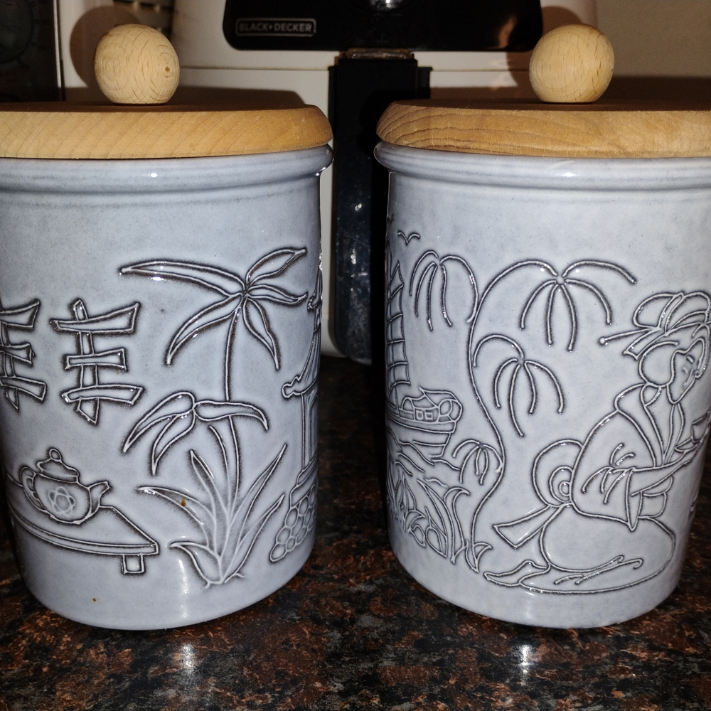 Gray Ceramic Canisters with Wooden Lids